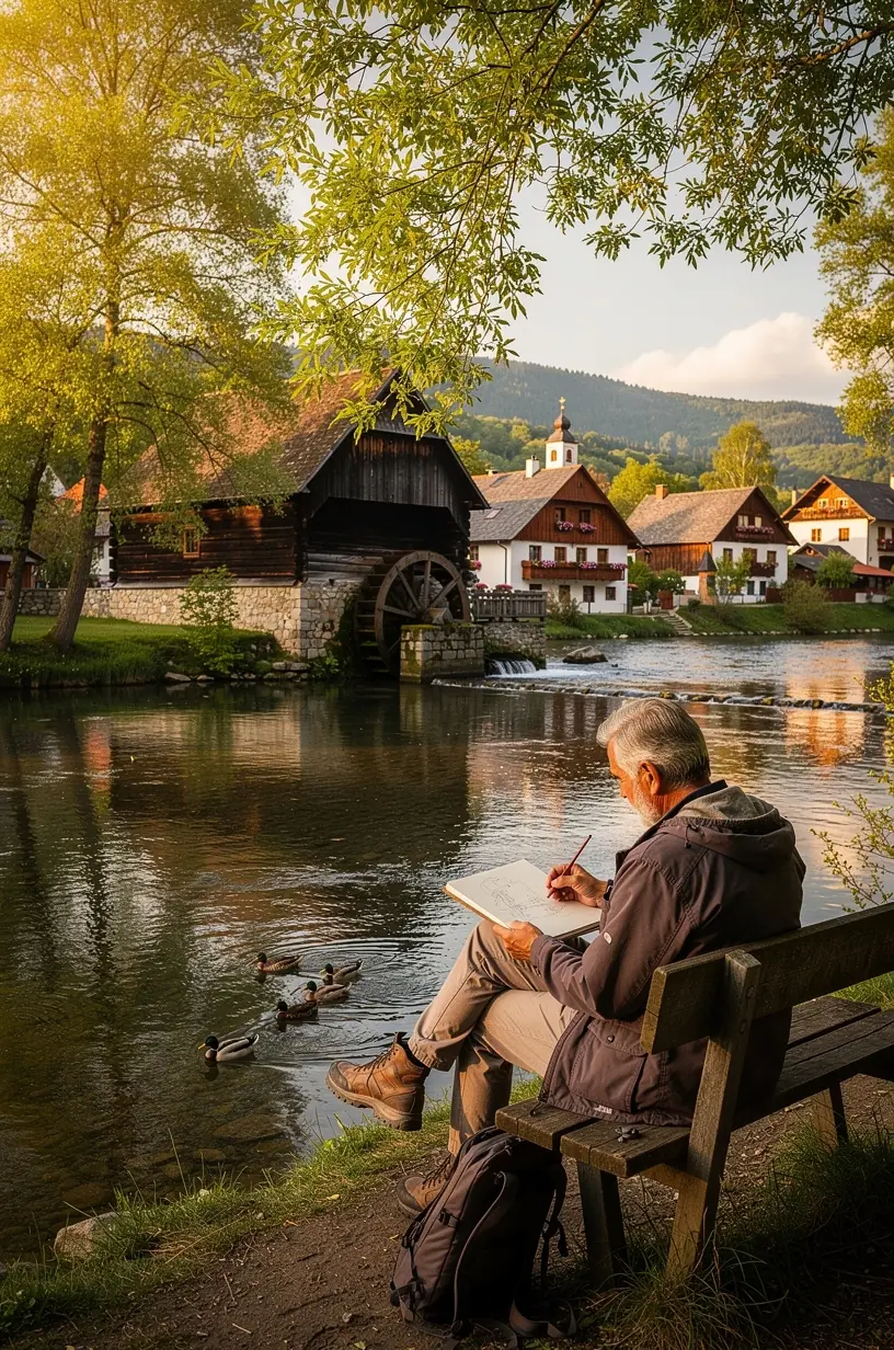 Turista skúmajúci mapu Slovenska vonku, vyjadrujúci plánovanie a vzdelávanie o destinácii pred cestou.