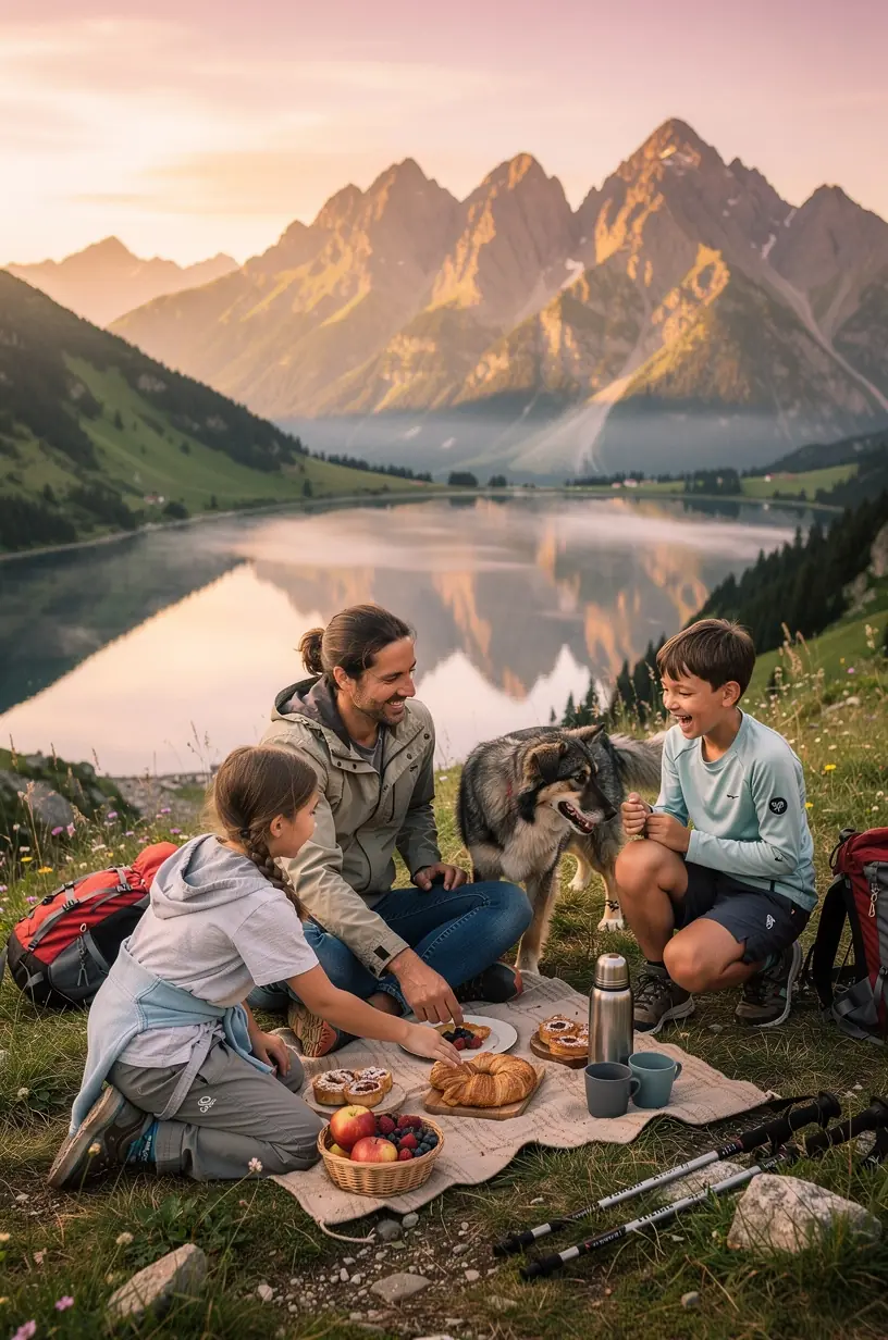 Pohľad na malebnú slovenskú prírodu s turistami vychutnávajúcimi si individuálne naplánovanú trasu, komfortné ubytovanie a pohodlnú dopravu.